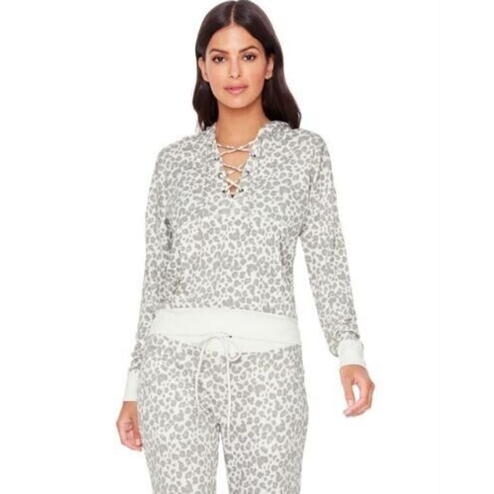 Jessica‎ Simpson Sunnyside Lace Up Hoodie Silver Filigree Painted Leopard Small
